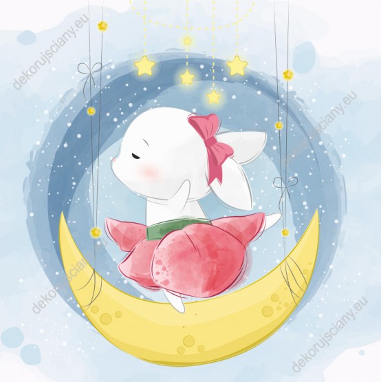 Wzornik fototapety do pokoju dziecięcego z królikiem tańczącym na księżycu na tle gwiazd i nocnego nieba.