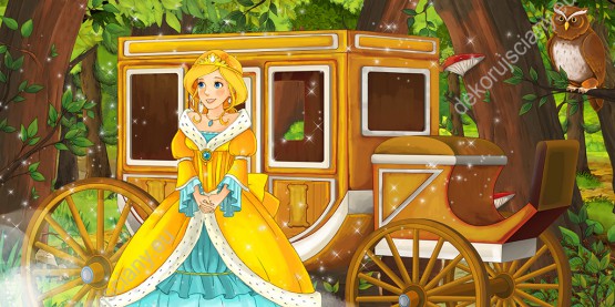 Wzornik fototapety do pokoju dziecięcego z piękną, bajkową księżniczką w złotej sukni wysiadającej z magicznej karety, na tle lasu.