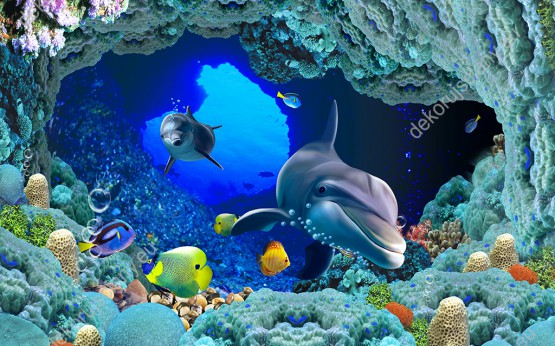 Wzornik fototapety przedstawiająca życie pod wodą z pływającymi delfinami, kolorowymi rybkami i koralowcami w głębinach oceanu. Fototapeta do pokoju dziennego, dziecięcego, młodzieżowego, sypialni, salonu, biura z efektem 3D.