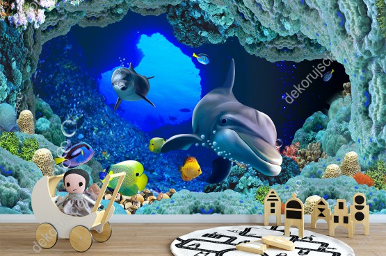 Wizualizacja fototapety przedstawiająca życie pod wodą z pływającymi delfinami, kolorowymi rybkami i koralowcami w głębinach oceanu. Fototapeta do pokoju dziennego, dziecięcego, młodzieżowego, sypialni, salonu, biura z efektem 3D.