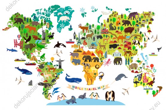Wzornik fototapety do pokoju dziecięcego przedstawiająca kolorową mapę świata ze zwierzętami i charakterystycznymi elementami różnych krajów, na białym tle.