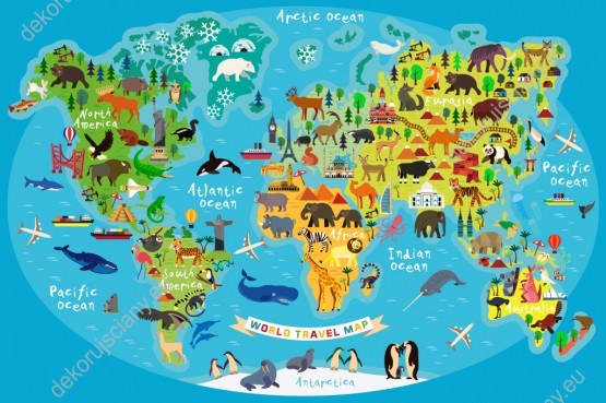 Wzornik fototapety do pokoju dziecięcego przedstawiająca kolorową mapę świata z różnymi zwierzętami i charakterystycznymi elementami różnych krajów, na błękitnym tle mórz i oceanów.