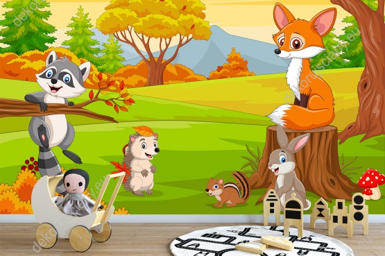 Wizualizacja fototapety do pokoju dziecięcego. Wesołe leśne zwierzęta: szopa, lisa, królika, wiewiórkę i jeża w kolorowym jesiennym lesie.