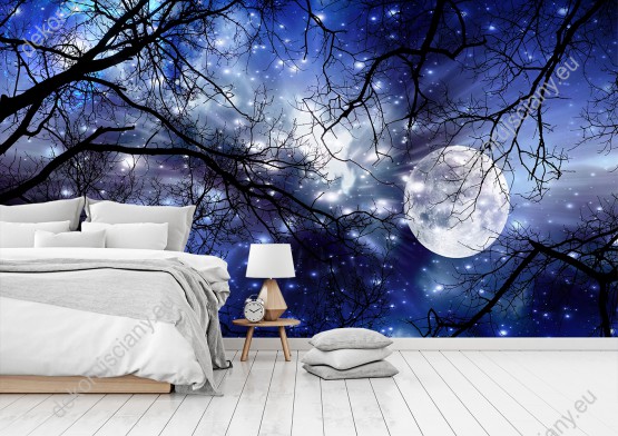 Wizualizacja fototapety do pokoju dziennego, dziecięcego, młodzieżowego, sypialni, salonu, biura. Piękna fototapeta z widokiem na błyszczący księżyc w pełni i rozgwieżdżone nocne niebo między gałęziami drzew.