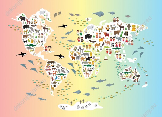 Wzornik fototapety do pokoju dziecięcego przedstawiająca mapę świata na tęczowym tle z białymi kontynentami i różnorodnymi zwierzętami.