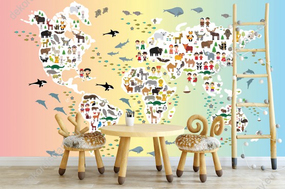 Wizualizacja fototapety do pokoju dziecięcego przedstawiająca mapę świata na tęczowym tle z białymi kontynentami i różnorodnymi zwierzętami.