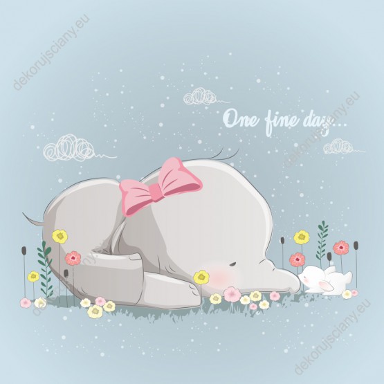 Wzornik fototapety do pokoju dziecięcego ze słodkim słoniem i króliczkiem śpiącymi na kwiatowej łące, na delikatnym niebieskim tle.