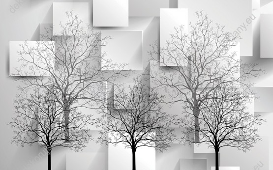 Wzornik fototapety z efektem 3D przedstawia drzewa na abstrakcyjnym, szarym tle w figury geometryczne.  Fototapeta do pokoju dziennego, młodzieżowego, sypialni, salonu, biura, gabinetu, przedpokoju i jadalni.