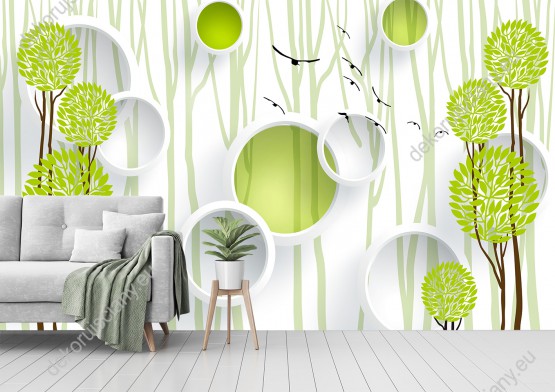 Wizualizacja fototapety z efektem 3D przedstawia abstrakcyjne, zielone rośliny i pierścienie na biało-zielonym tle. Fototapeta do pokoju dziennego, dziecięcego, młodzieżowego, sypialni, salonu, biura, gabinetu, przedpokoju i jadalni.