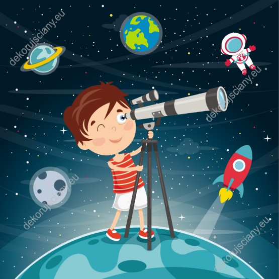Wzornik fototapety do pokoju dziecięcego z chłopcem obserwującym kosmos, planety, gwiazdy rakiety, na tle nocnego nieba.