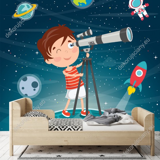 Wizualizacja fototapety do pokoju dziecięcego z chłopcem obserwującym kosmos, planety, gwiazdy rakiety, na tle nocnego nieba.