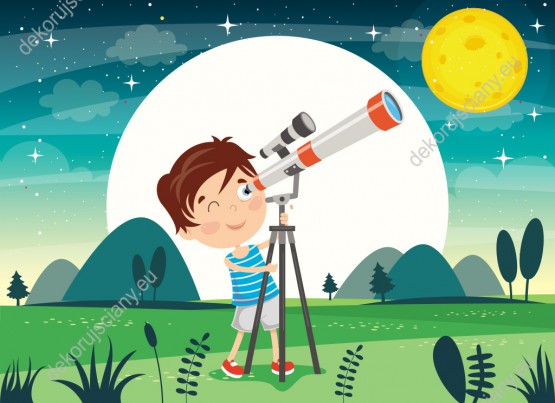 Wzornik fototapety do pokoju dziecięcego przedstawiająca chłopca obserwującego kosmos i gwiazdy przez teleskop.