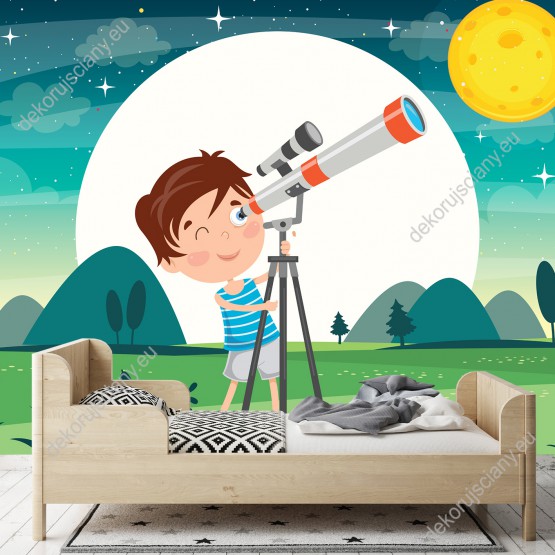 Wizualizacja fototapety do pokoju dziecięcego przedstawiająca chłopca obserwującego kosmos i gwiazdy przez teleskop.