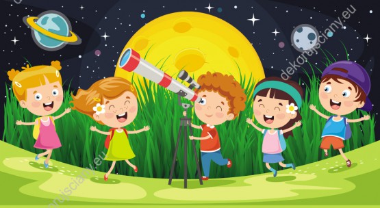 Wzornik fototapety do pokoju dziecięcego przedstawiająca dzieci obserwujące kosmos przez teleskop.