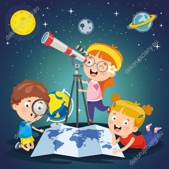 Wzornik fototapety do pokoju dziecięcego przedstawiająca dzieci zgłębiające wiedzę o kosmosie.