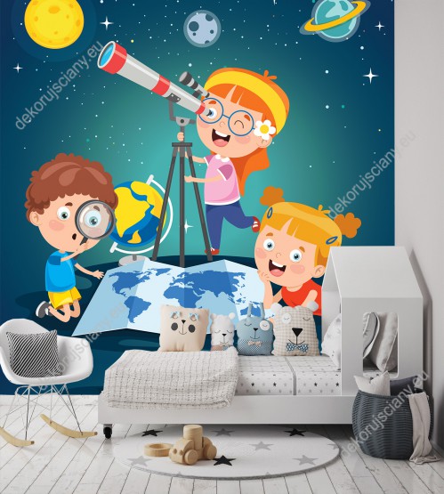 Wizualizacja fototapety do pokoju dziecięcego przedstawiająca dzieci zgłębiające wiedzę o kosmosie.