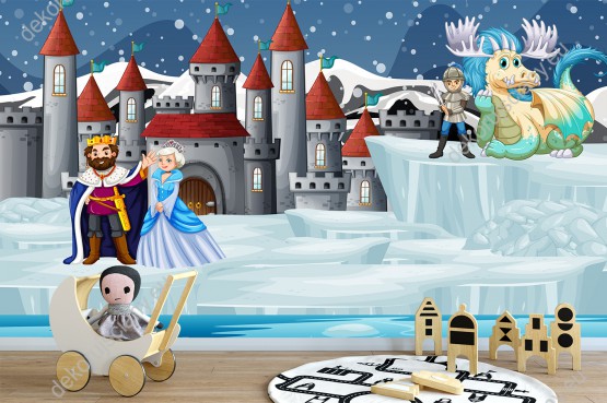 Wizualizacja fototapety do pokoju dziecięcego z motywem bajkowym. Król, księżniczka, rycerz i smok na tle dużego zamku w zimowej scenerii.