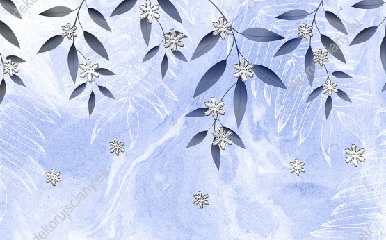 Wzornik fototapety do pokoju młodzieżowego, dziennego, sypialni, salonu przedstawiająca cienkie gałązki z liśćmi na niebieskim, malowanym tle i duże płatki śniegu.