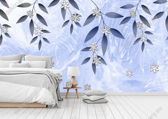 Wizualizacja fototapety do pokoju młodzieżowego, dziennego, sypialni, salonu przedstawiająca cienkie gałązki z liśćmi na niebieskim, malowanym tle i duże płatki śniegu.