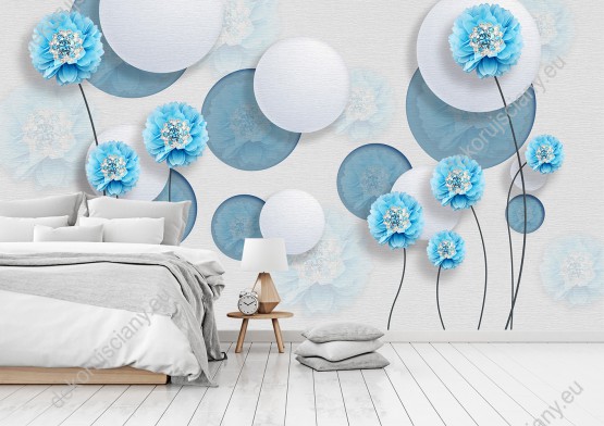 Wizualizacja fototapety z efektem 3D przedstawia niebieskie kwiaty i białe koła na szaro-niebieskim tle. Fototapeta do pokoju dziennego, młodzieżowego, sypialni, salonu, biura, gabinetu, przedpokoju i jadalni.