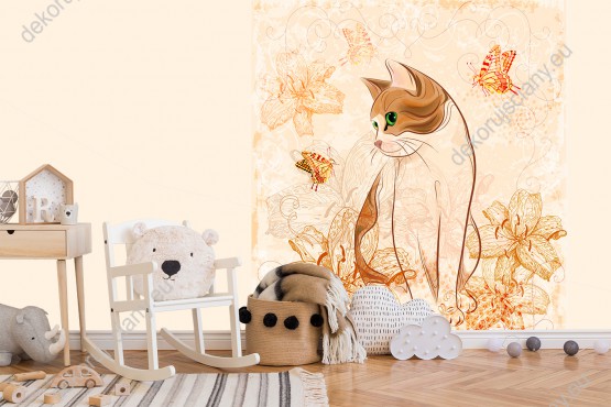 Wizualizacja fototapety do pokoju dziecięcego, młodzieżowego, sypialni i salonu z kotem siedzącym wśród kwiatów lilii i latającymi motylami, w jasnych, ciepłych barwach.