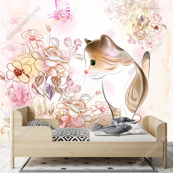 Wizualizacja fototapety do pokoju dziecięcego, młodzieżowego, sypialni i salonu z kotkiem spacerującym wśród delikatnych, kolorowych kwiatów.