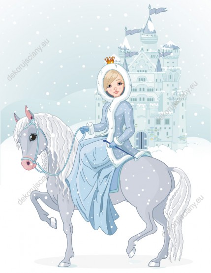 Wzornik fototapety w zimowej aurze z piękną księżniczką jadącą na koniu wśród śniegu, na tle zamku. Fototapeta do pokoju dziecięcego.