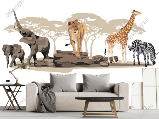 Wizualizacja fototapety do pokoju dziennego, dziecięcego, młodzieżowego, sypialni, salonu, biura z grupą zwierząt Afrykańskich. Lwica, żyrafa, zebra i słonie na sawannie. 