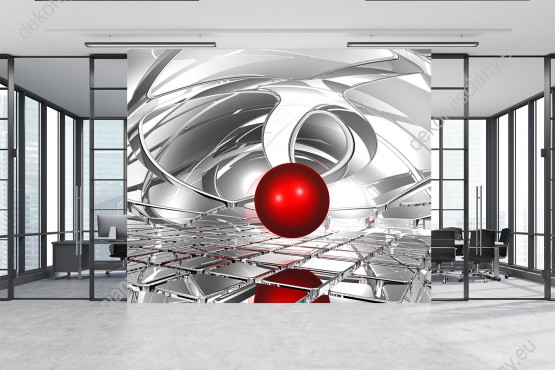 Wizualizacja fototapety z efektem 3D przedstawia czerwoną, koralową kulę zawieszoną w przestrzennym nieładzie. Fototapeta do pokoju dziennego, młodzieżowego, sypialni, salonu, biura, gabinetu, przedpokoju.
