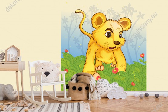 Wizualizacja fototapety do pokoju dziecięcego z małym, wesołym lwem, przyszłym królem dżungli.