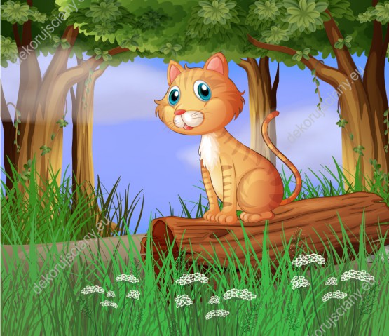 Wzornik fototapety do pokoju dziecięcego z rudym kotem siedzącym na pniu w cieniu leśnych drzew.