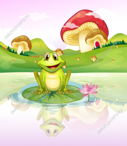 Wzornik fototapety, żaba siedząca na lilii wodnej, patrząca na swoje odbicie w wodzie. Fototapeta do pokoju dziecięcego.