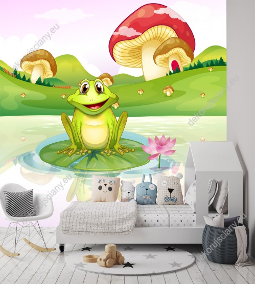 Wizualizacja fototapety, żaba siedząca na lilii wodnej, patrząca na swoje odbicie w wodzie. Fototapeta do pokoju dziecięcego.