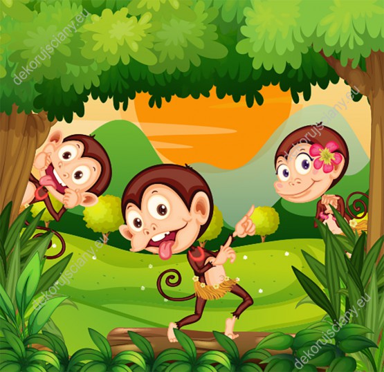 Wzornik fototapety do pokoju dziecięcego przedstawiająca trzy wesołe małpki tańczące w zielonej dżungli.