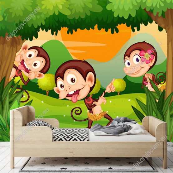 Wizualizacja fototapety do pokoju dziecięcego przedstawiająca trzy wesołe małpki tańczące w zielonej dżungli.