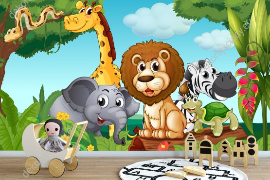 Wizualizacja fototapety do pokoju dziecięcego ze zwierzętami afrykańskimi. Lew, słoń, żyrafa, żółw, zebra i wąż w dżungli.