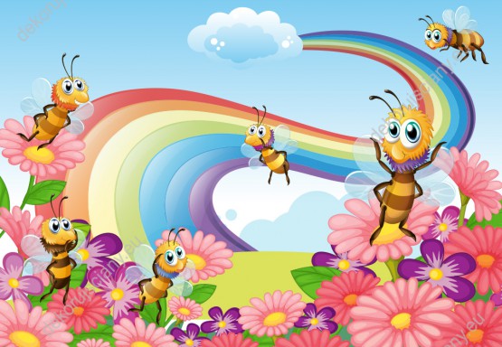 Wzornik fototapety do pokoju dziecięcego przedstawiająca wesołe pszczółki latające w ogrodzie pełnym kolorowych kwiatów i barwną tęczę na niebie.