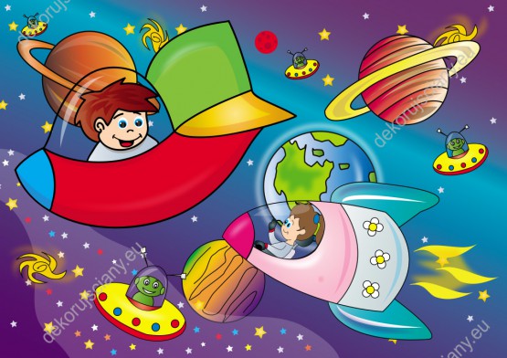 Wzornik fototapety do pokoju dziecięcego z motywem kosmosu, przedstawiająca dzieci lecące rakietami, planety i ufoludki.