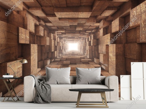Wizualizacja fototapety przedstawia drewniany korytarz, który tworzy efekt 3D i optycznie powiększy pomieszczenie. Fototapeta do pokoju dziennego, młodzieżowego, sypialni, salonu, biura, gabinetu, przedpokoju i jadalni.