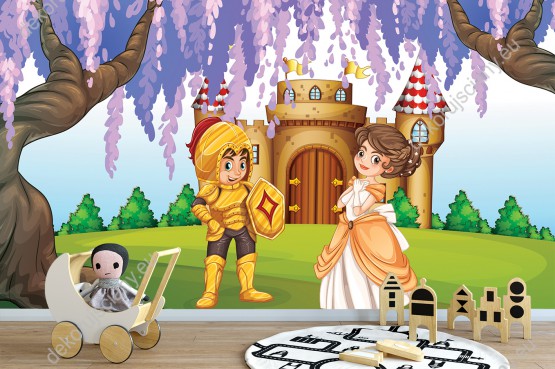 Wizualizacja fototapety do pokoju dziecięcego z motywem baśniowym dzielnego rycerza w lśniącej zbroi i pięknej księżniczki na tle zamku.