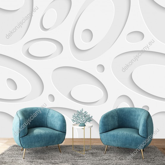 fototapeta-biale-elipsy-3d Wizualizacja fototapety przedstawia białe elipsy tworzące efektem 3D. Fototapeta do pokoju dziennego, młodzieżowego, sypialni, salonu, biura, gabinetu, przedpokoju i jadalni.