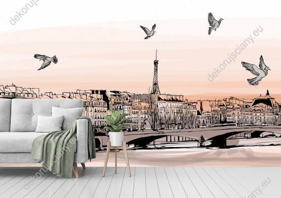 Wizualizacja fototapety przedstawiająca Paryż malowany ręką artysty. Fototapeta do pokoju dziennego, młodzieżowego, salonu, biura, gabinetu, sypialni, przedpokoju i jadalni.