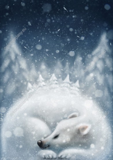 Wzornik fototapety do pokoju dziecięcego i młodzieżowego z zimową aurą przedstawiającego białego niedźwiedzia śpiącego wśród drzew i padającego śniegu.