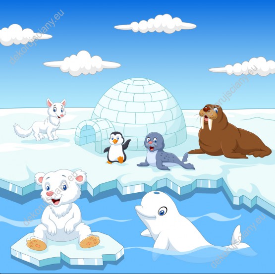 Wzornik fototapety do pokoju dziecięcego ze zwierzętami Arktyki: misiem, lisem polarnym, foką, morsem oraz  pingwinem i ich śniegowy domek, igloo.