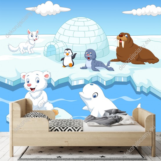 Wizualizacja fototapety do pokoju dziecięcego ze zwierzętami Arktyki: misiem, lisem polarnym, foką, morsem oraz  pingwinem i ich śniegowy domek, igloo.