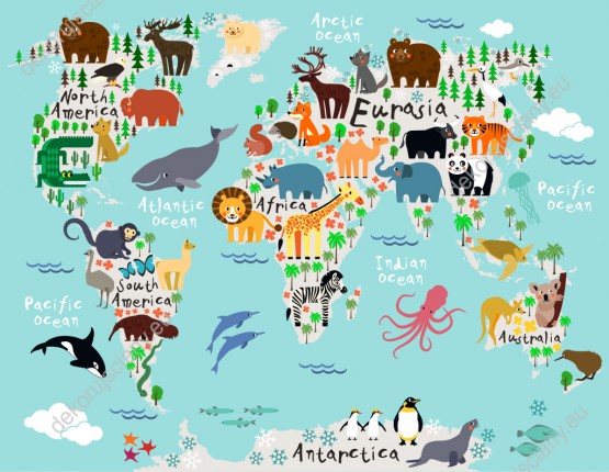 Wzornik fototapety do pokoju dziecięcego przedstawiająca mapę świata z kolorowymi zwierzętami ze wszystkich kontynentów.