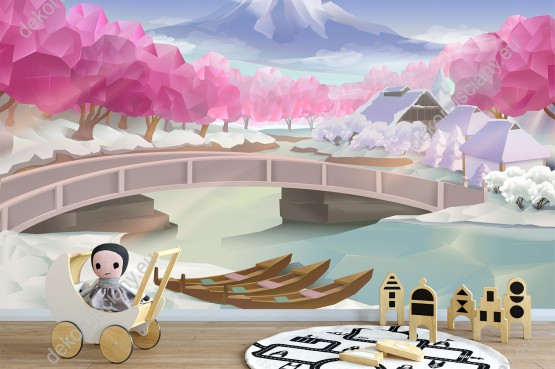 Wizualizacja fototapety do pokoju dziennego, dziecięcego, młodzieżowego, sypialni, salonu, biura. Fototapeta z widokiem na krajobraz ośnieżonej, japońskiej wioski i różowych, kwitnących drzew wiśni (sakura).