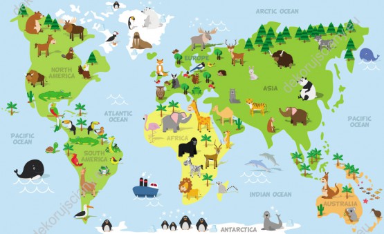 Wzornik fototapety do pokoju dziecięcego przedstawiająca kolorową mapę świata ze zwierzętami, ze wszystkich kontynentów.