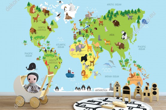 Wizualizacja fototapety do pokoju dziecięcego przedstawiająca kolorową mapę świata ze zwierzętami, ze wszystkich kontynentów.