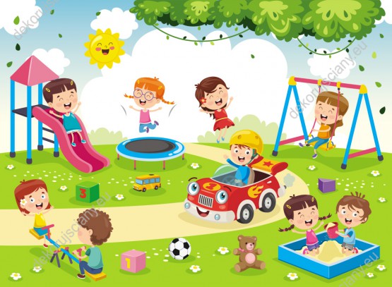 Wzornik fototapety do pokoju dziecięcego przedstawiająca dzieci bawiące się na placu zabaw.